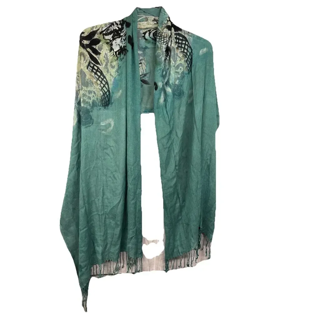 Fringe Dark Floral Rose Shawl Wrap Pashmina Viscose Boho Beach Teal Sacred Heart